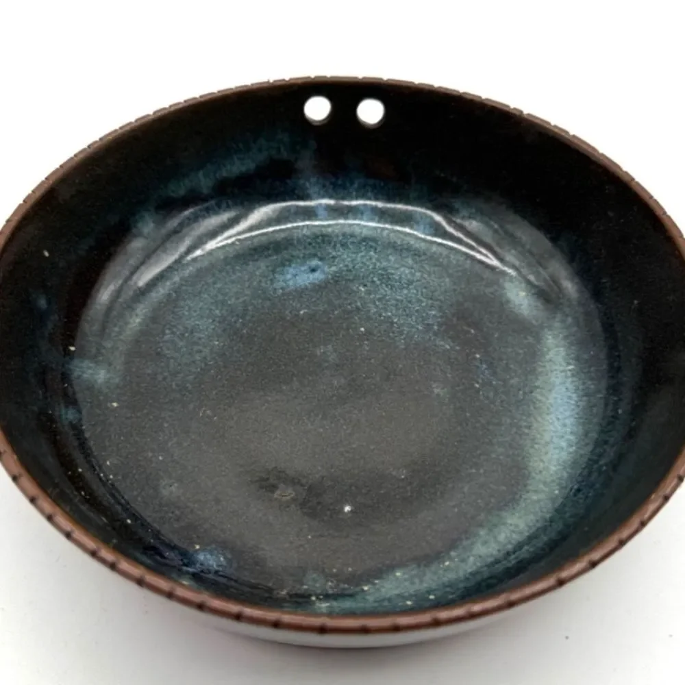 Vintage Japanese Ramen Bowls Chopstick Holes Blue Glaze 6